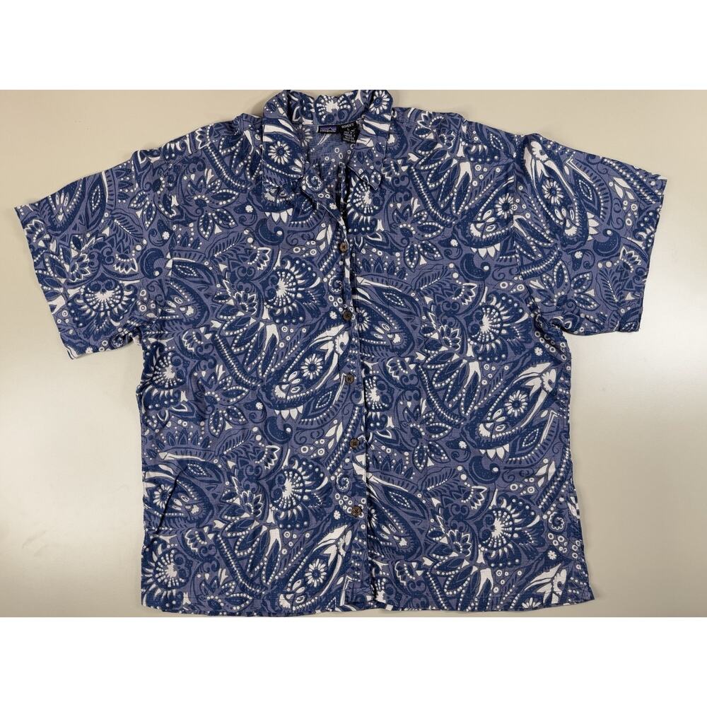 Vintage 90s PATAGONIA Womens Hawaiian Button Up Shirt Blue L Floral Aloha Beach